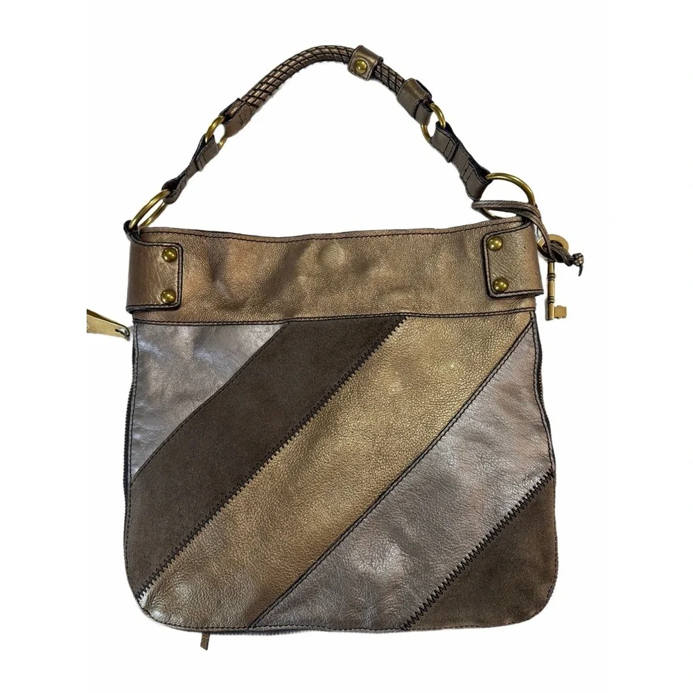 Fossil Handbag Patchwork Bronze Brown Suede Silver‎ Leather Shoulder Handbag